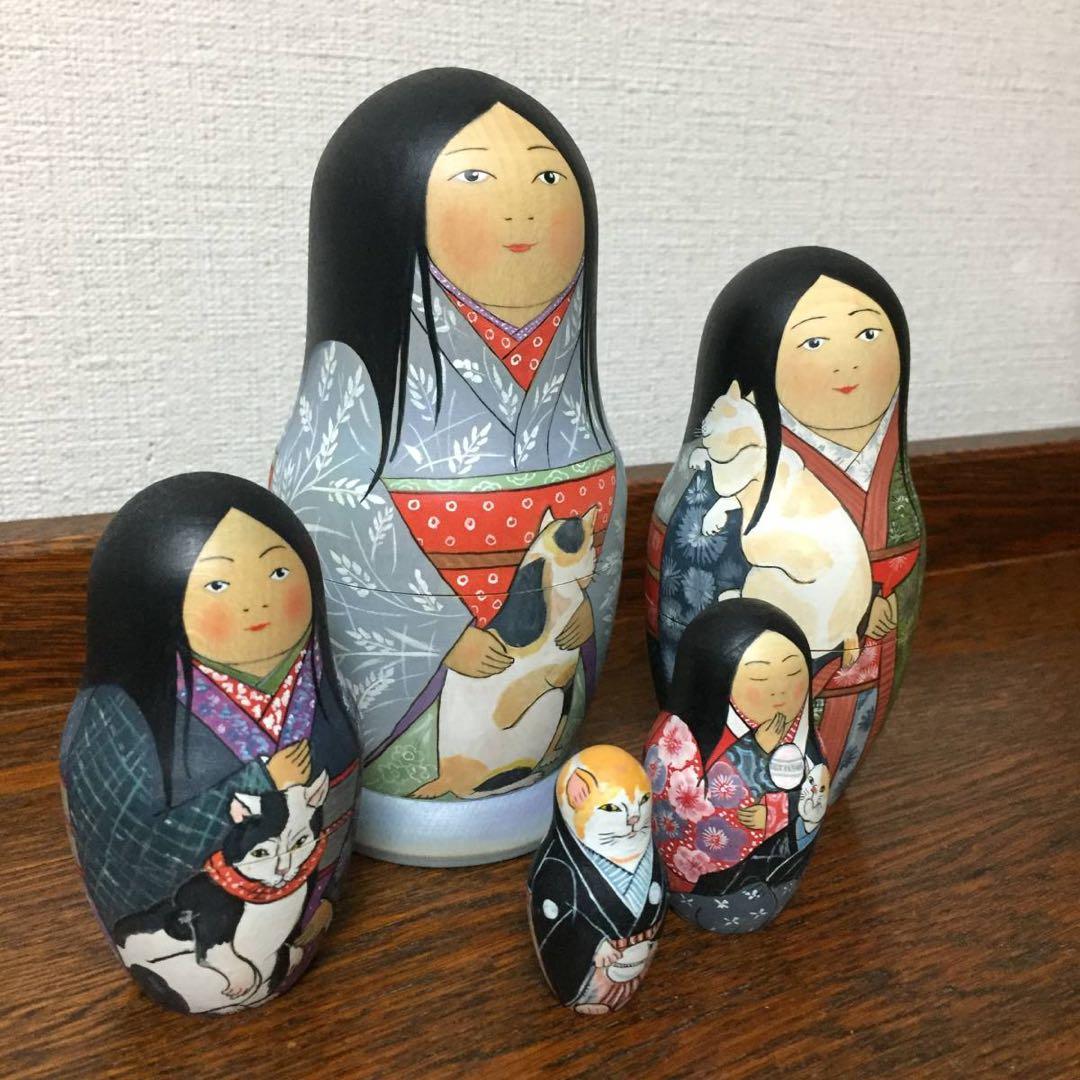 ロシア雑貨☆着物マトリョーシカ(5P)和風猫 ボボワ作 オマケ付き♪