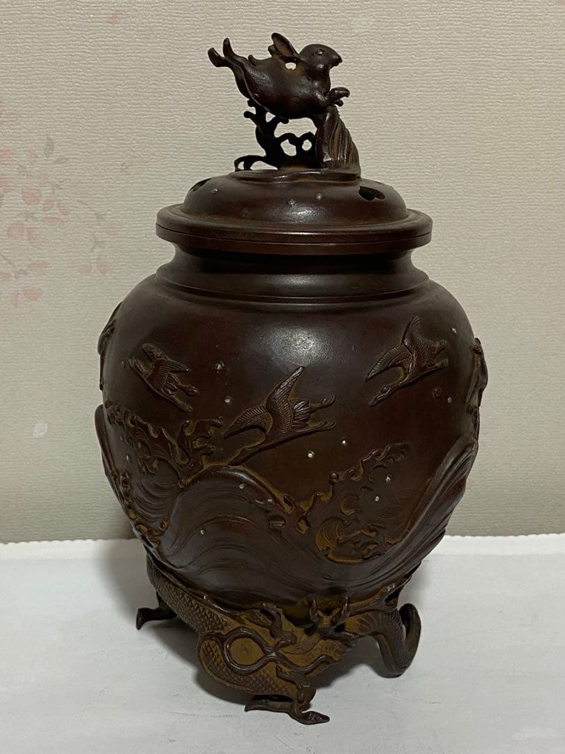 ♦蝋型細密鋳金 象嵌 波乗り兎 波千鳥文 波乗り龍足 香炉 唐金 美術品 骨董品