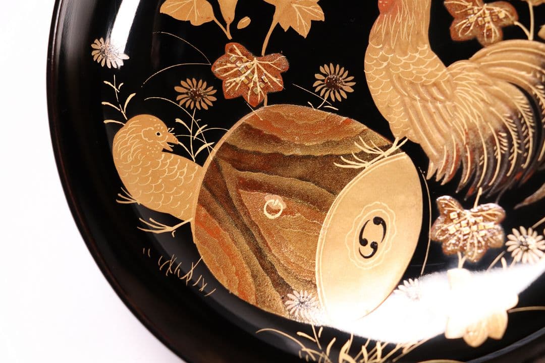 CL31 輪島塗 諫鼓鶏金蒔絵 黒塗椀 二客 木製漆器 鶏 太鼓 草花 梨地