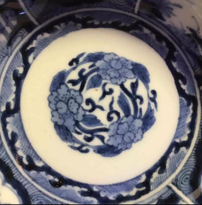 A197 古伊万里　染付見込牡丹唐草　窓絵松竹梅　花唐草　綾花形　膾皿　5客