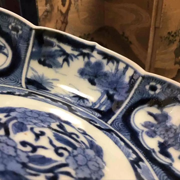 A197 古伊万里　染付見込牡丹唐草　窓絵松竹梅　花唐草　綾花形　膾皿　5客