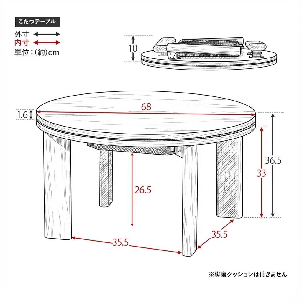 【新品訳あり】リバーシブル　折りたたみコタツ　円形　コンパクト　アウトレット