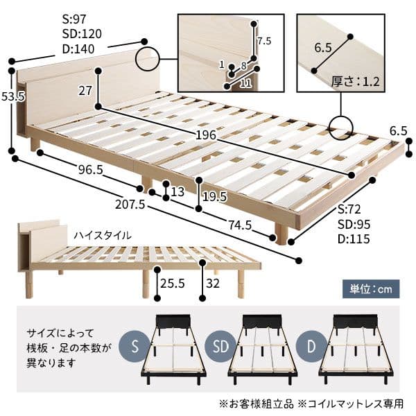 ベッド シングル 2層ポケットコイルマットレス付き ナチュラル すのこ