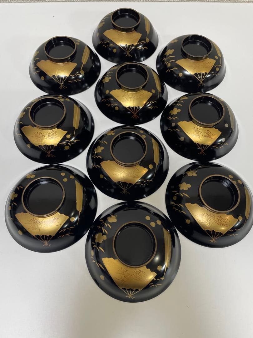 漆器 輪島塗 金蒔絵 扇柄 黒 内黒 吸物 割烹 蓋付き10客個 お煮物椀