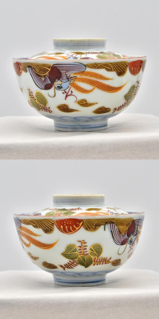 ● 江戸後期 最上手 富貴長春銘 古伊万里 色絵染錦金彩 唐草 蓋茶碗 三客