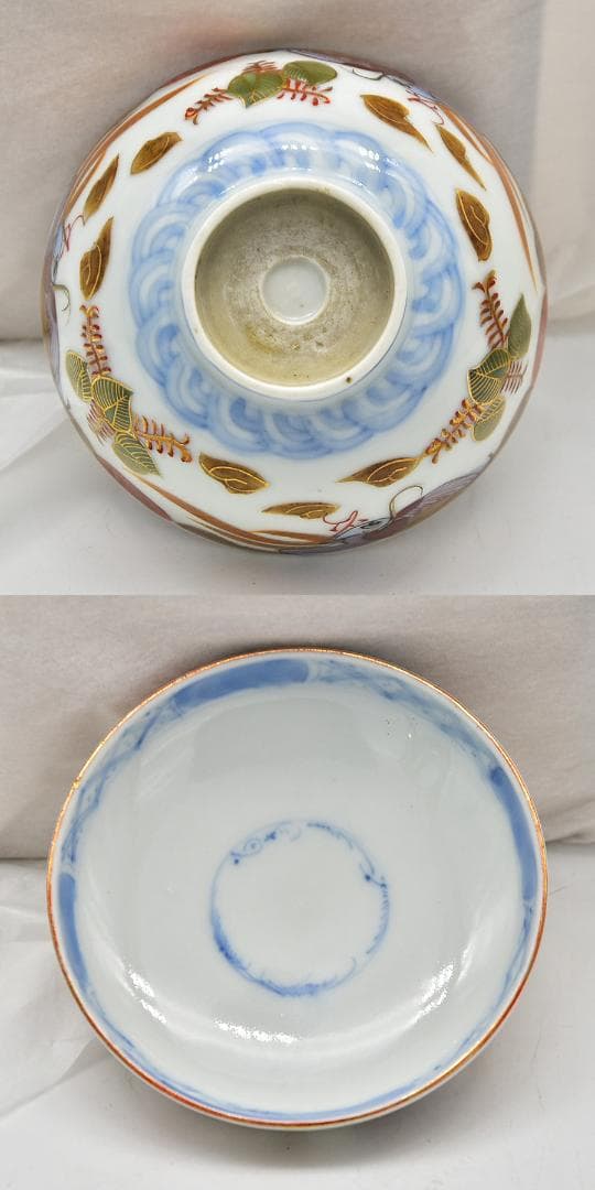 ● 江戸後期 最上手 富貴長春銘 古伊万里 色絵染錦金彩 唐草 蓋茶碗 三客
