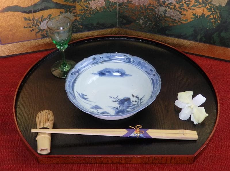 古伊万里　染付　墨弾　桜花に波　楼閣山水図　膾皿　５客　A634AS-CVz