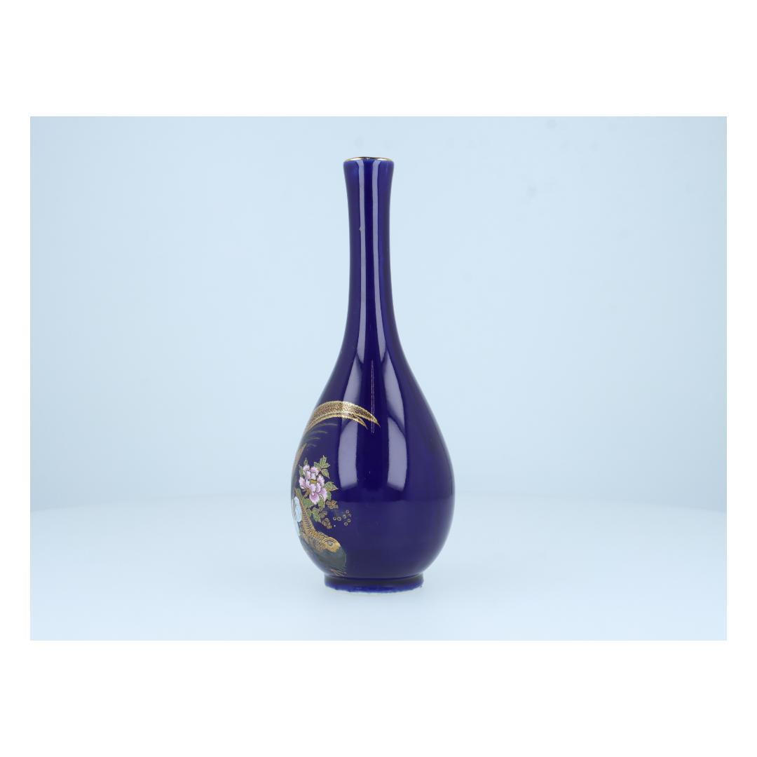 【美品】陶器製花瓶 金彩鳥花模様 ダークブルー アンティーク調 インテリア