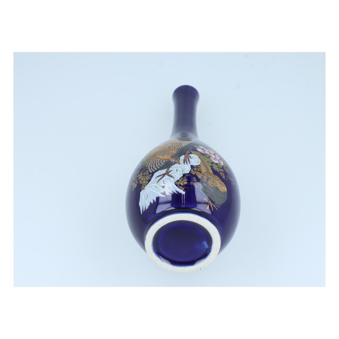【美品】陶器製花瓶 金彩鳥花模様 ダークブルー アンティーク調 インテリア