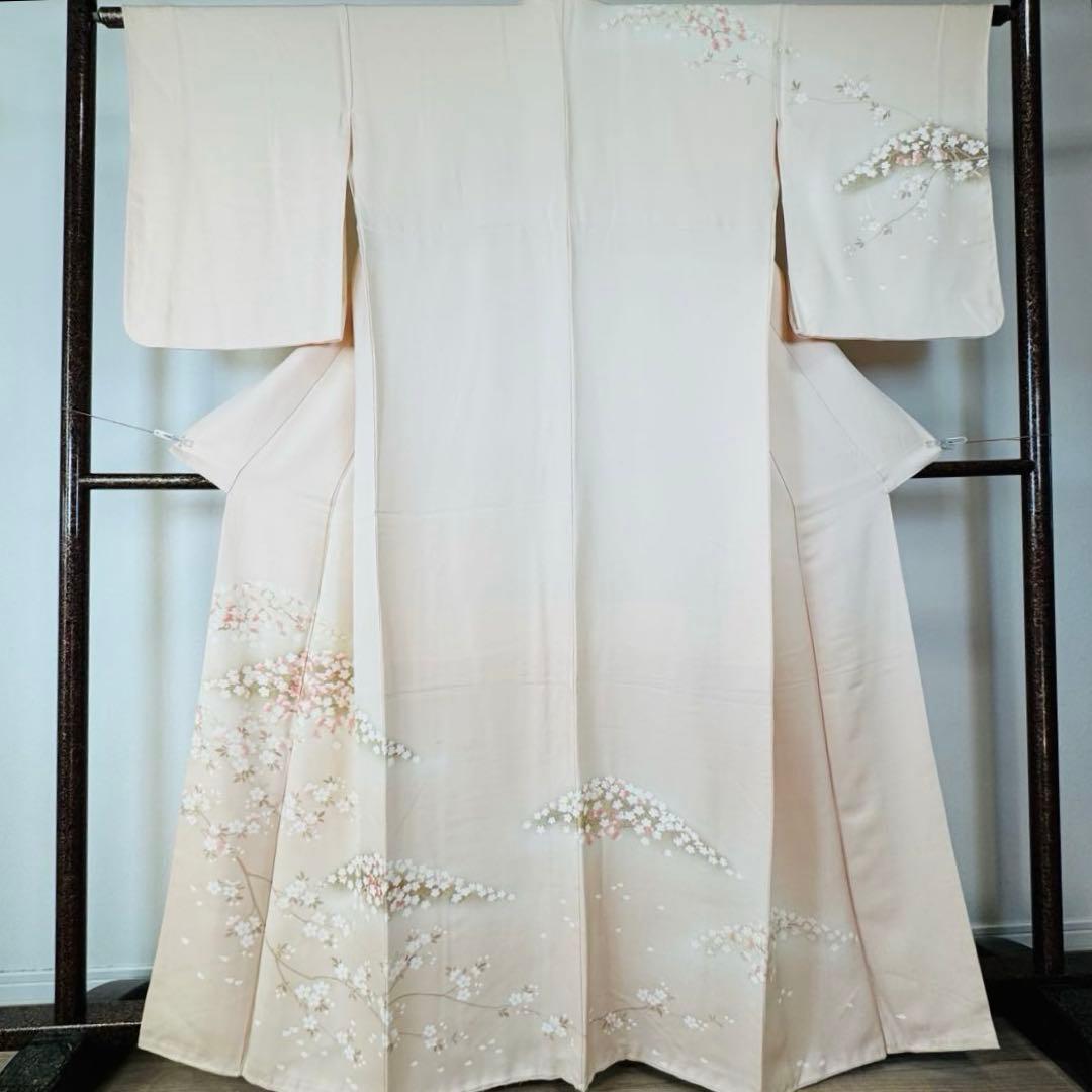 三松　超美品　正絹　袷　訪問着　着物　166裄67.5 桜色　トールサイズ