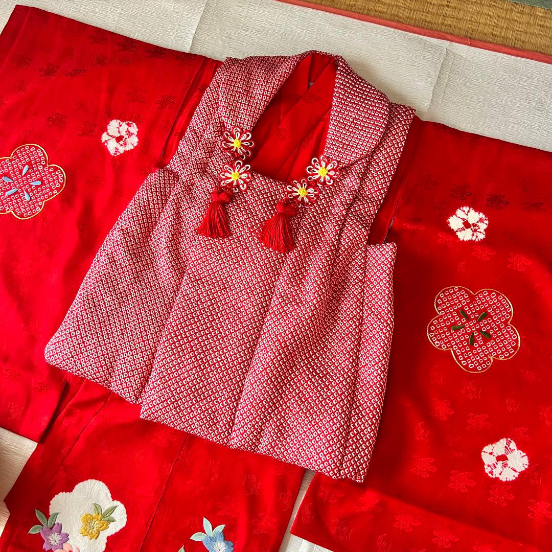 七五三 3歳 フルセット 着物 正絹 総絞り 被布 刺繍 三歳 赤 草履 753