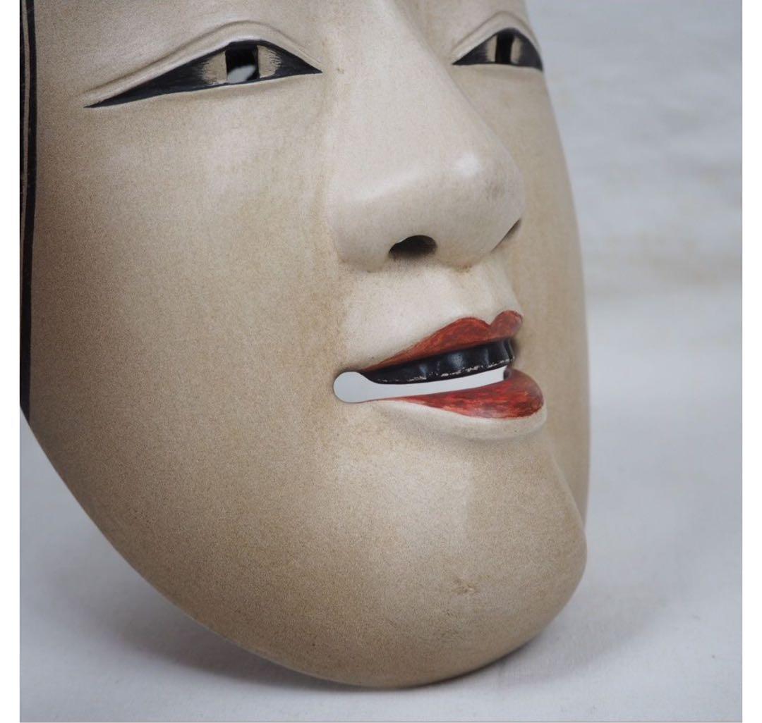 送料無料　時代物　松清作　木彫彩色能面　女面・能楽面　木箱・面袋付