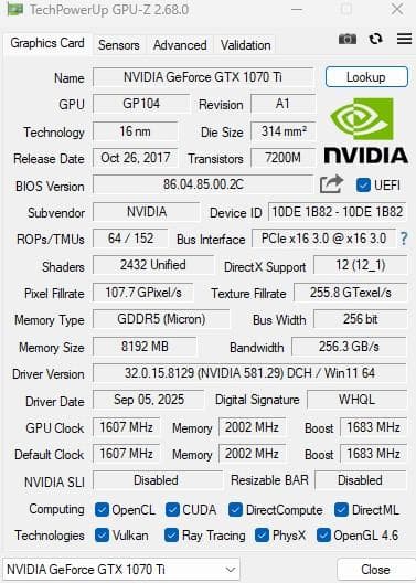 Palit GTX1070Ti 8GB DUAL GeForce　正常動作品
