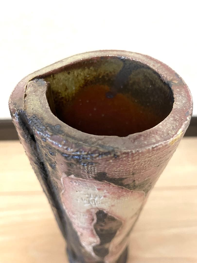 益子焼 筒花生 三宅洋司 造 四方桟 真田紐 花瓶 花生 花活