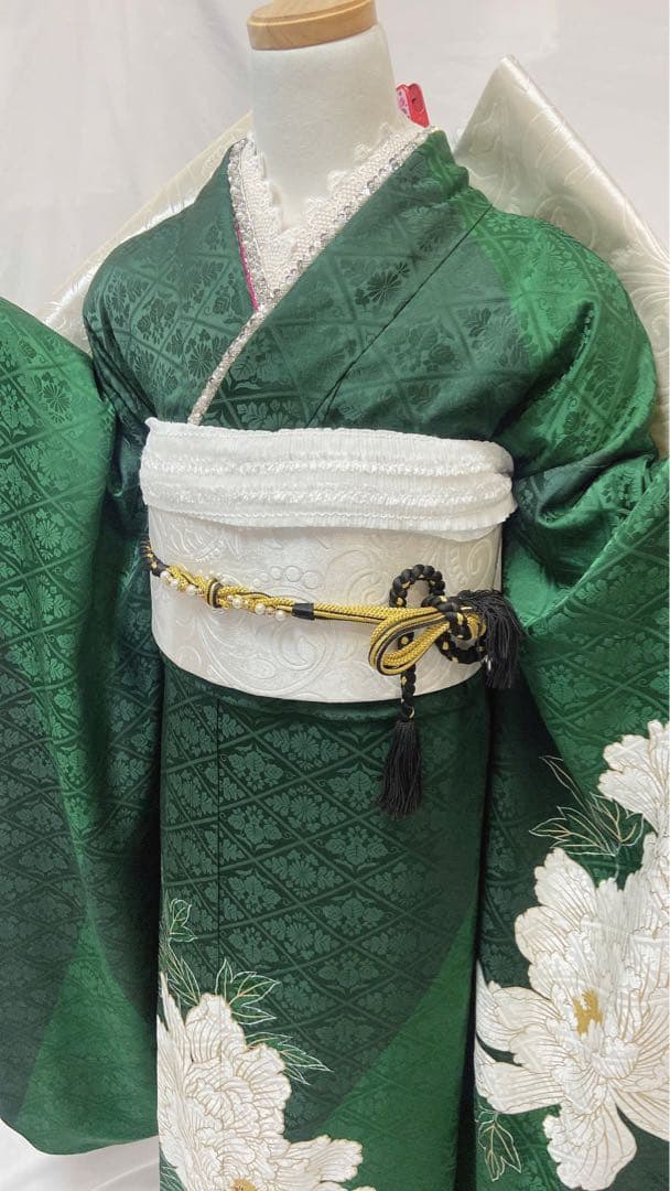 緑色の振袖 白い花刺繍 振袖 振袖フルセット 正絹 成人式　振袖6点セット K2