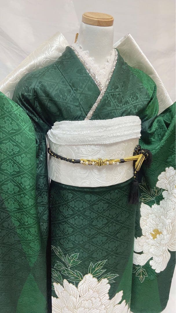 緑色の振袖 白い花刺繍 振袖 振袖フルセット 正絹 成人式　振袖6点セット K2
