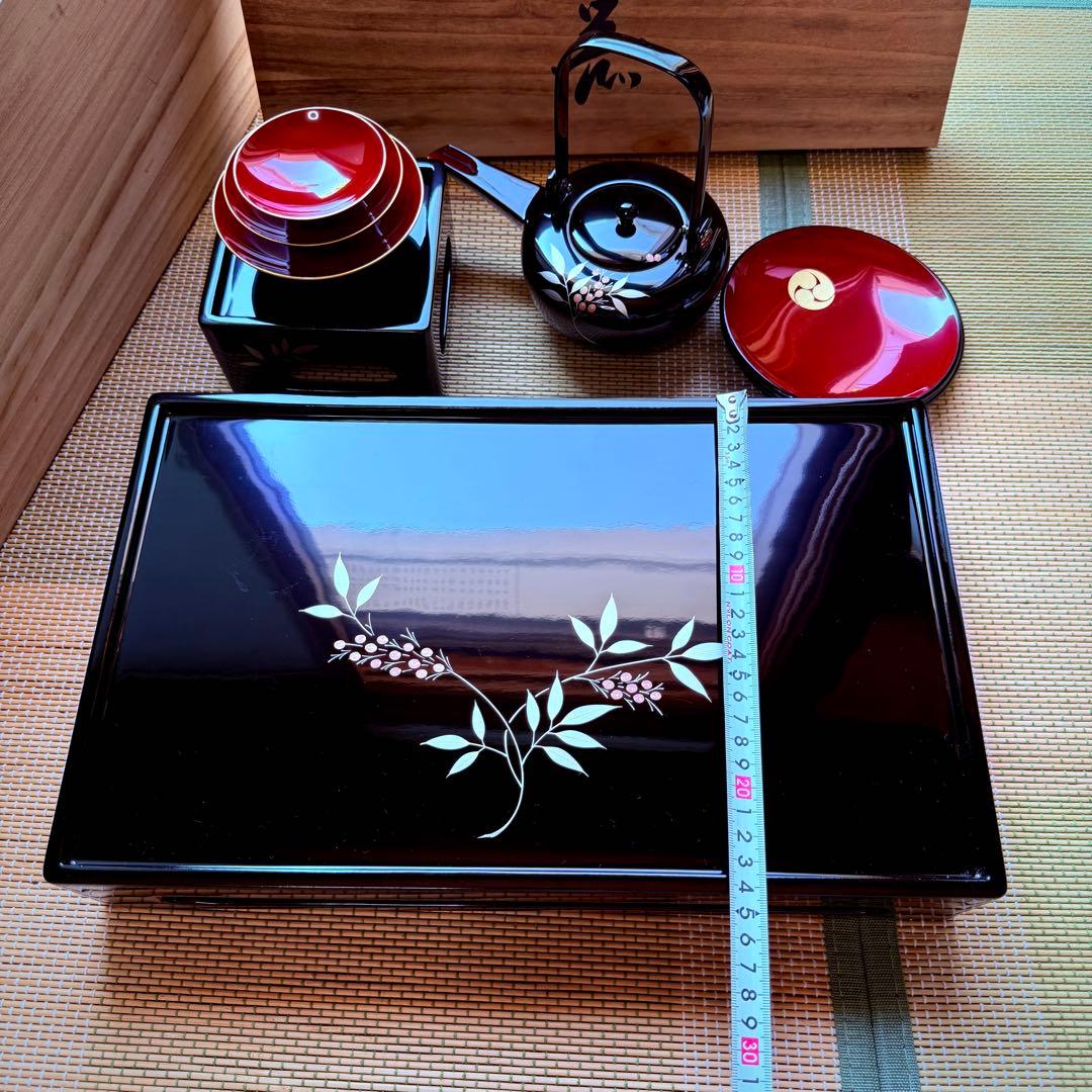 未使用　越前塗　漆器　屠蘇器　正月　天然木製　共箱　黒 銀南天