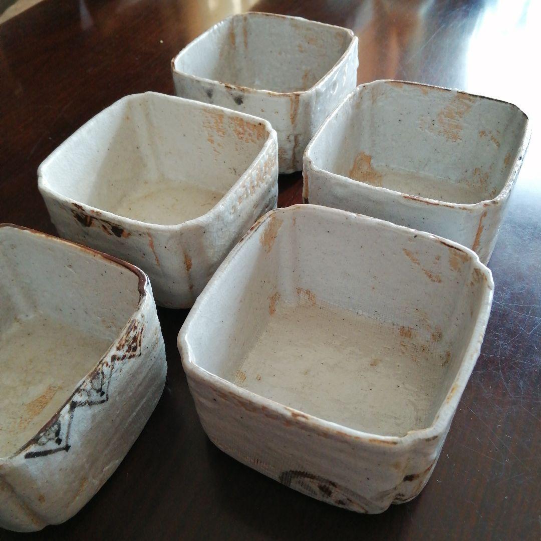 瀬戸焼　加藤作助　志野角向付　5客　11cm　大正～昭和初期