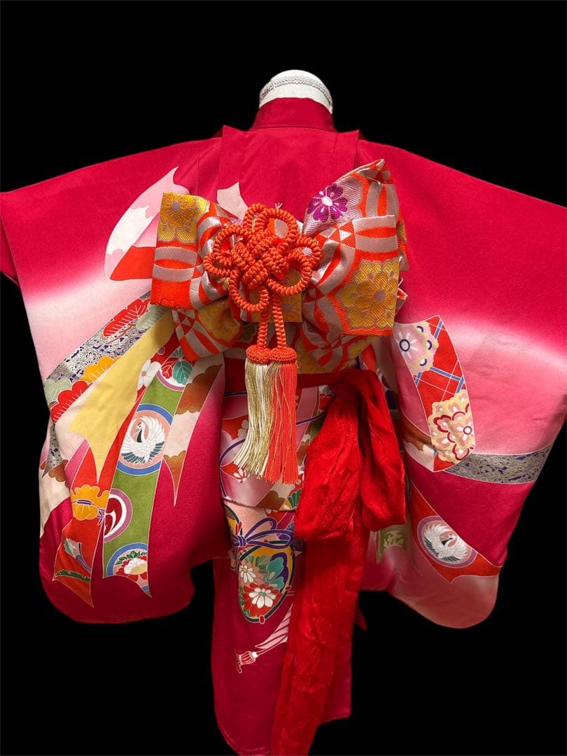 七五三 女の子 三歳 祝着 赤系 豪華友禅柄　正絹着物