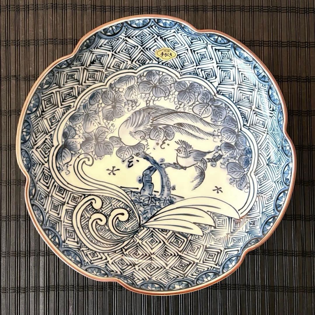 【未使用品】【三川内焼】平戸松山窯 染付花鳥 高台鉢 高台皿 足付き皿コンポート