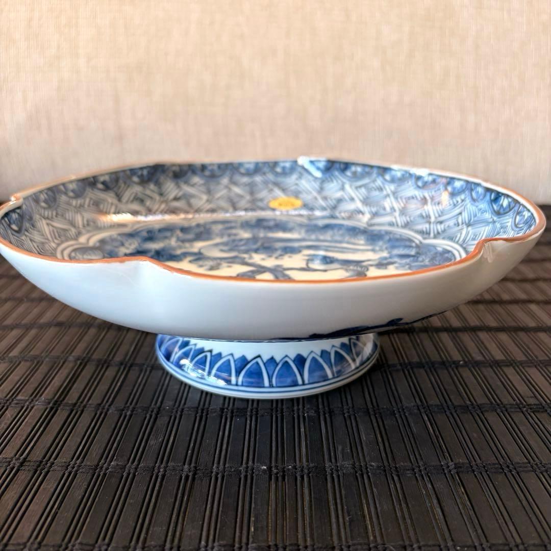 【未使用品】【三川内焼】平戸松山窯 染付花鳥 高台鉢 高台皿 足付き皿コンポート