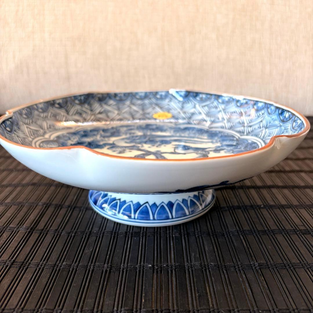 【未使用品】【三川内焼】平戸松山窯 染付花鳥 高台鉢 高台皿 足付き皿コンポート