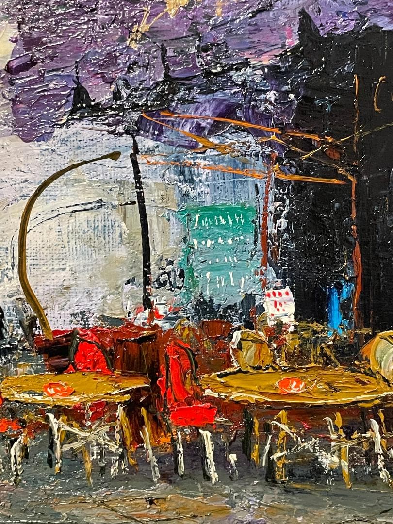 「真作」定岡宏「PARIS カフェロイ」風景画　油彩画　額装　サイン有り　SM号