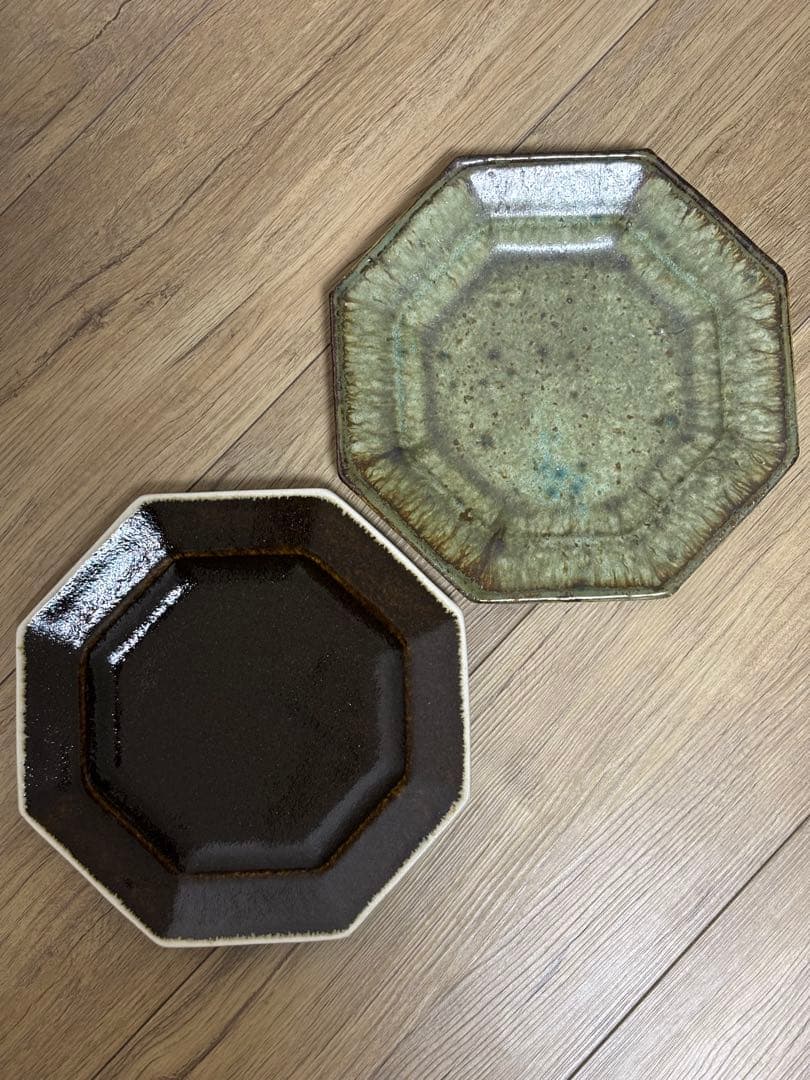 大沼道行 八角皿 Lサイズ 緑釉 黒釉 作家物 織部 ワンプレート