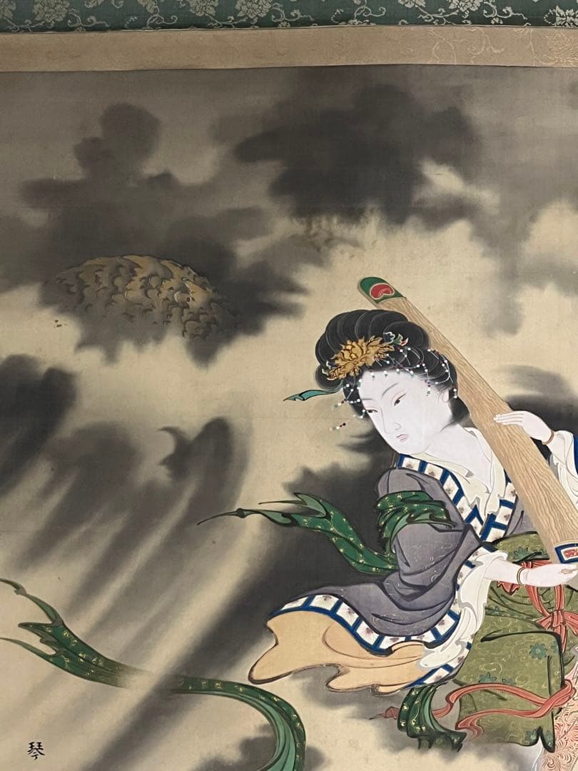 掛軸/曽根琴峯筆/龍上天女之図/龍/天女/肉筆/骨董/アンティーク