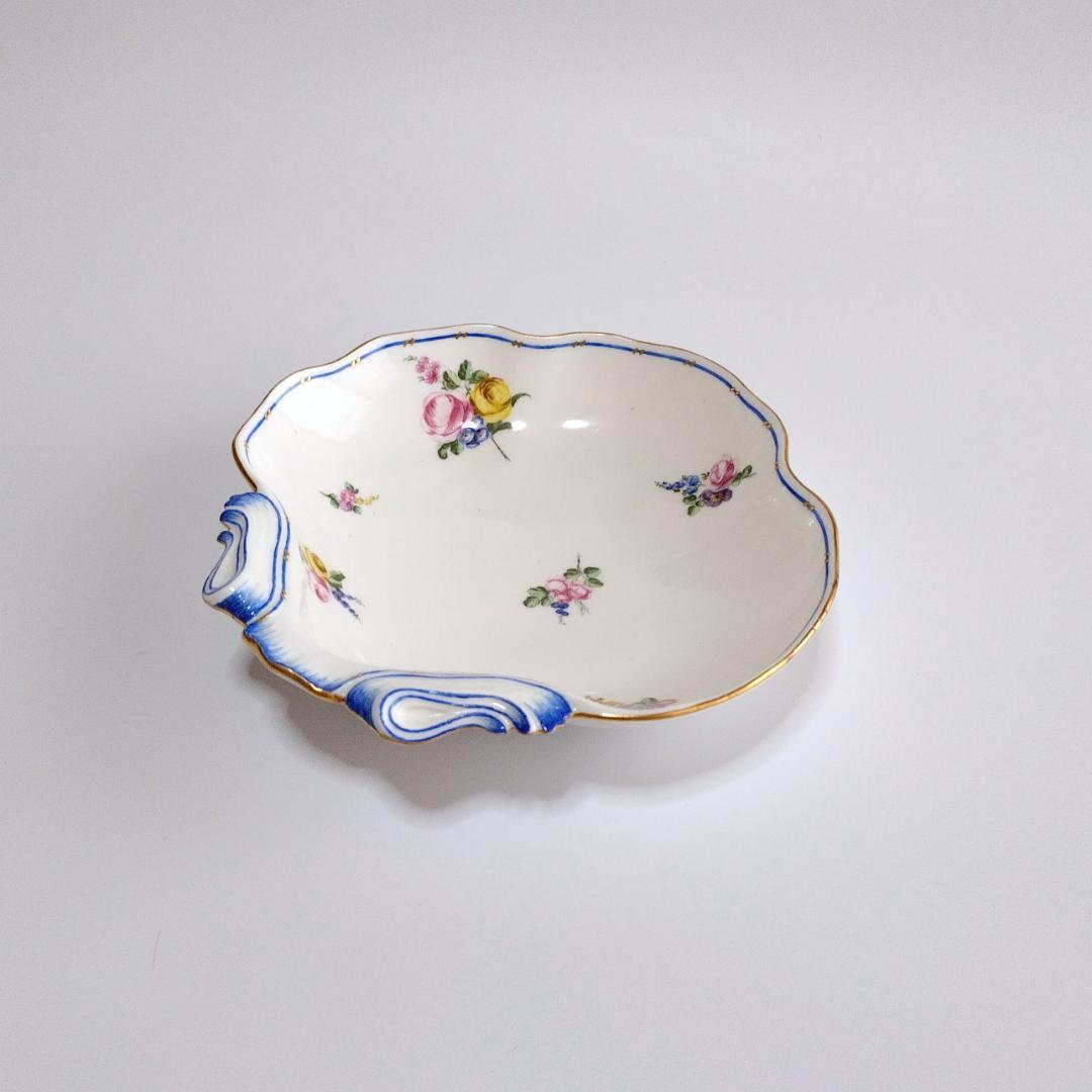 セーブル Sevres 1757年 ブルーライン金彩花絵 コンポティエ コキーユ