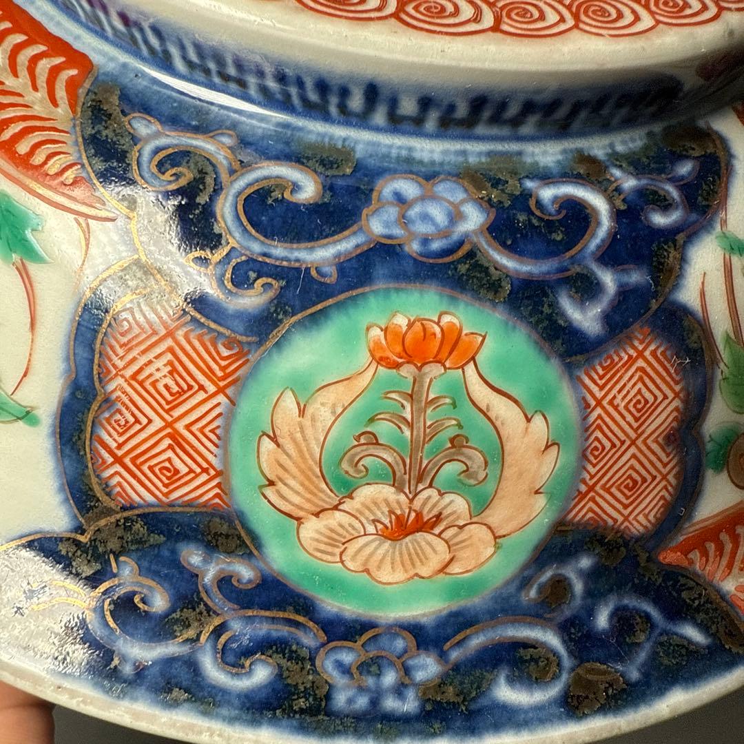 1800年代　江戸期　古伊万里　染錦鶴文様蓋付鉢　大聖寺伊万里　七宝文