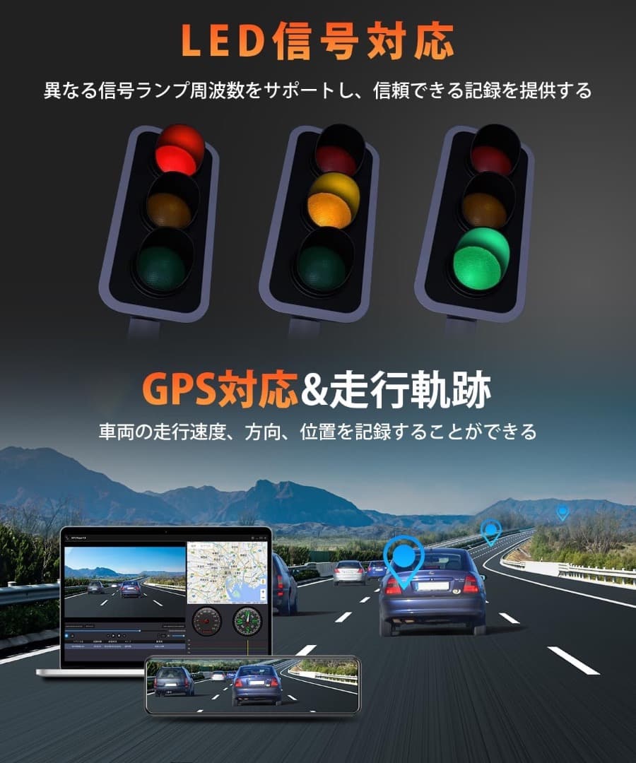 ドライブレコーダー ミラー型 4KHD画質 降圧ケーブル 170度超広角