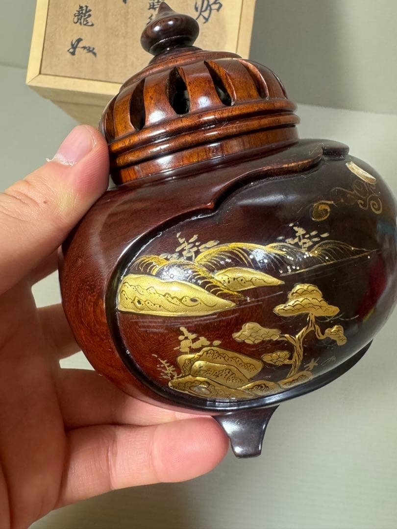 2164 雲龍作　本紫壇 金蒔絵 鳳凰　山水之図　香炉