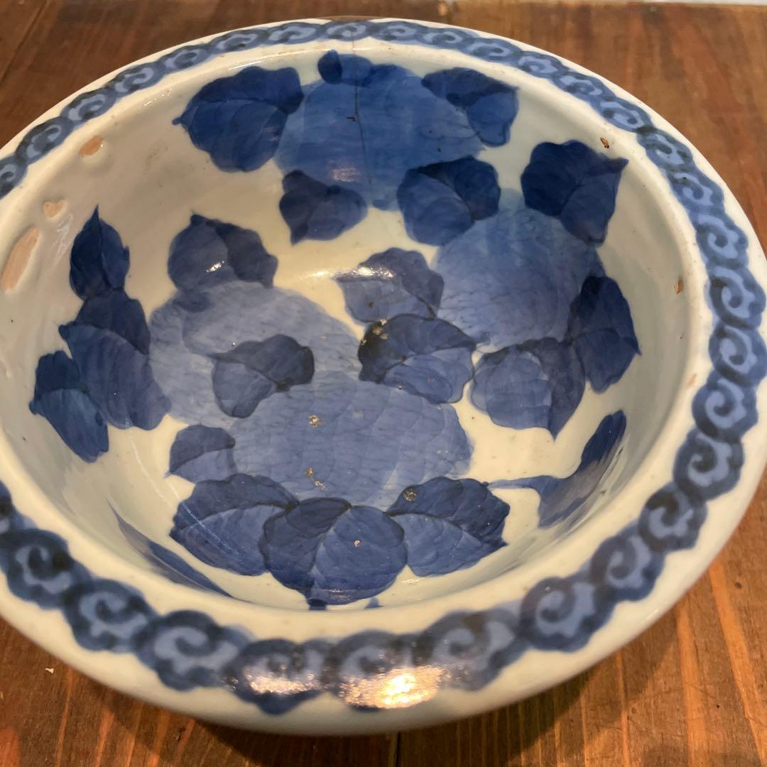 美品　古伊万里　染付の器　江戸時代　肥前　磁器　高杯　金継ぎ　染付の絵柄が上品な