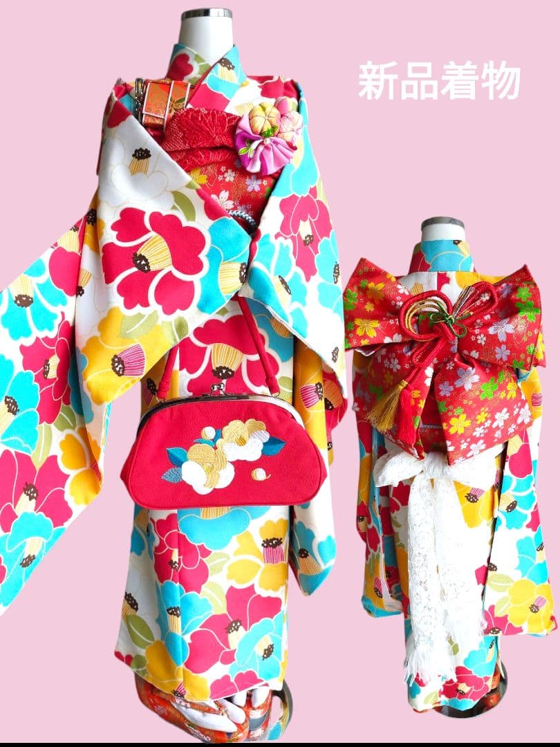 専用です☆新品☆ポップな大きな椿の着物と作り帯☆フルセット七五三