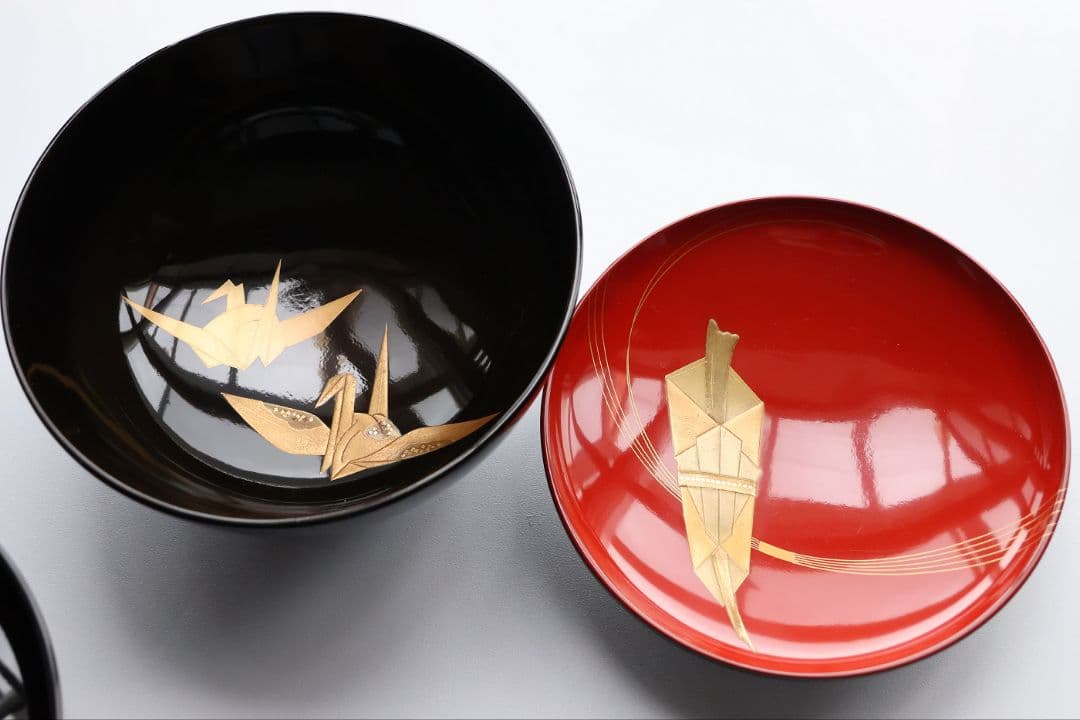 【MB179】金沢塗師 久世双〇 熨斗と折り鶴 金蒔絵 吸物椀 十客 天然木漆塗