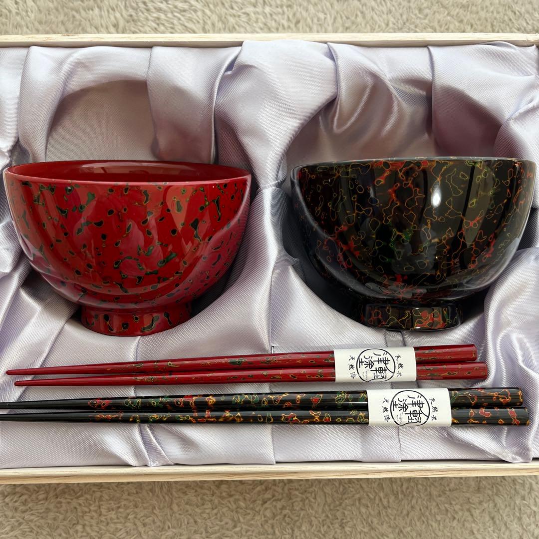 津軽塗　夫婦汁椀・箸セット（桐箱入）