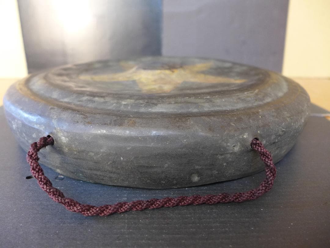 時代物　明治大正期頃？　大変古い銅鑼　度鑼 古銅　鍛金作り　桴付き 茶道　骨董