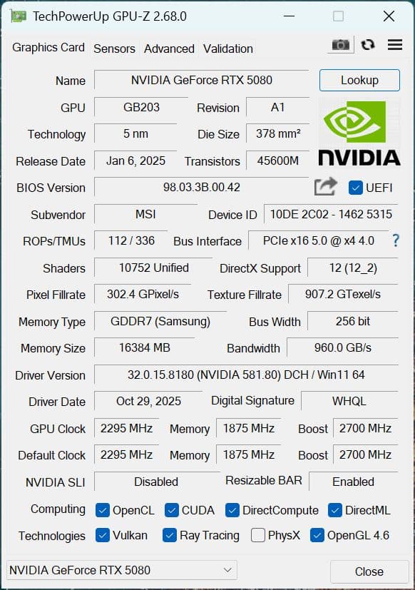 MSI GeForce RTX 5080 Gaming Trio OC 正規品