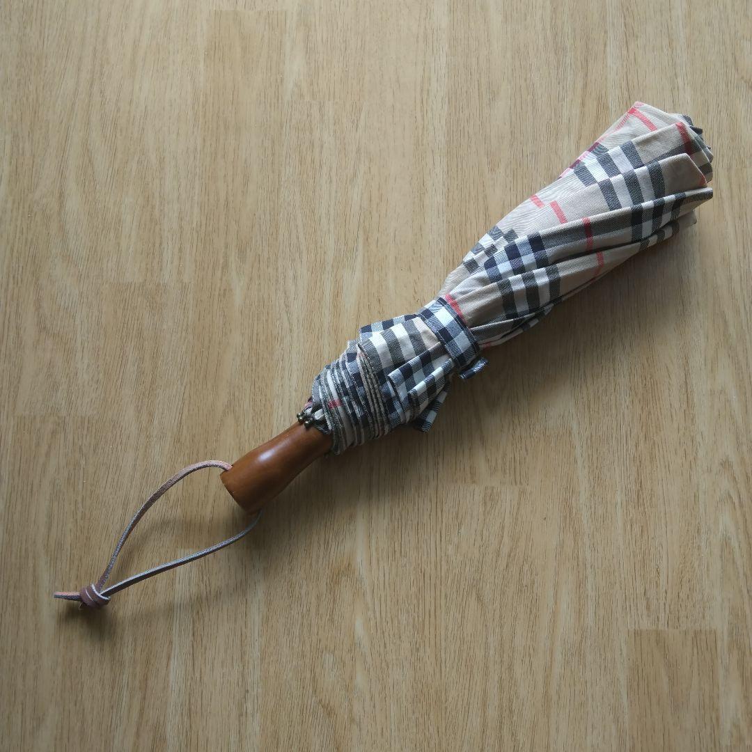 【美品】BURBERRY バーバリー 折りたたみ傘 木製ワンタッチ