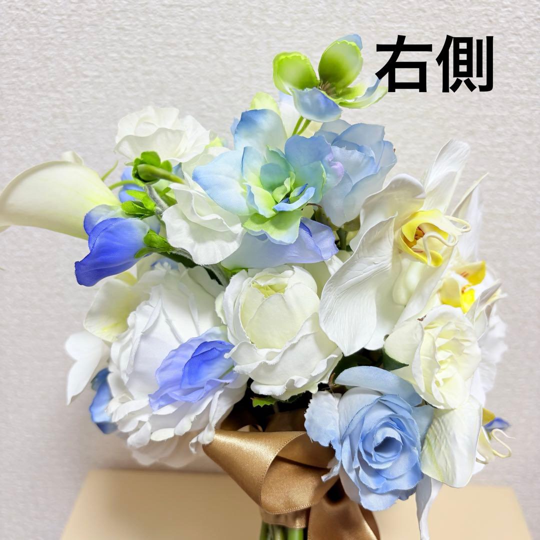 胡蝶蘭と青いお花のウェディングブーケ　アーティフィシャルフラワー　白　青　水色