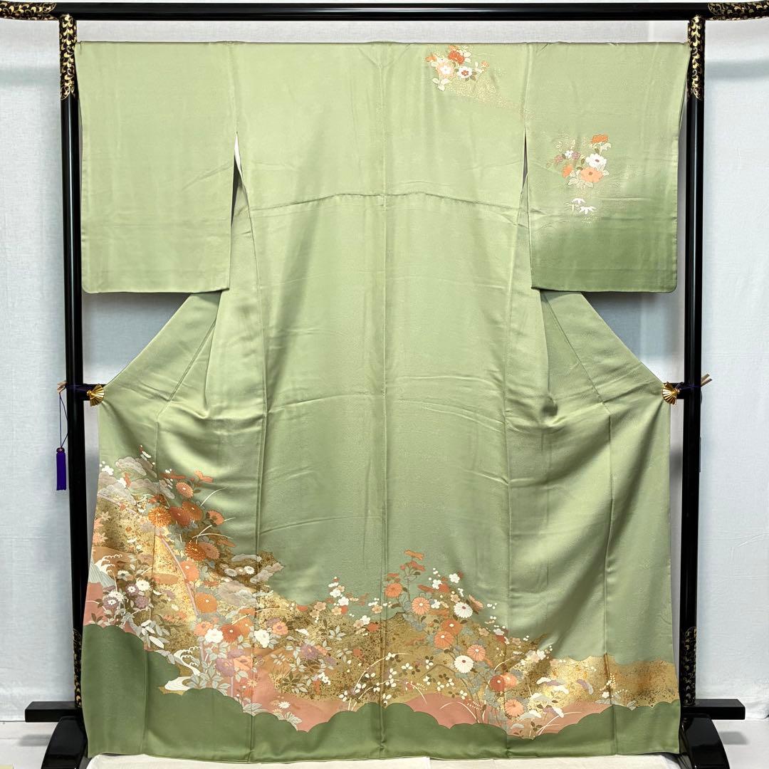 D104 訪問着 花模様 緑 金駒刺繍 正絹 着物 袷 極美品