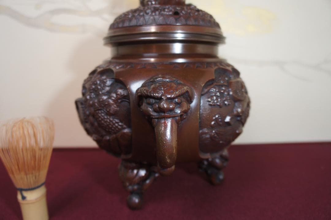★美品 高岡銅器 瑞峰作 新特大 花鳥 高級銅製香炉工芸作家造 送料込み