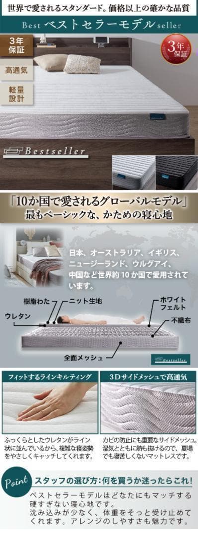 【peach】 ダブルベッド 収納 棚 2口コンセント マットレス付 RG