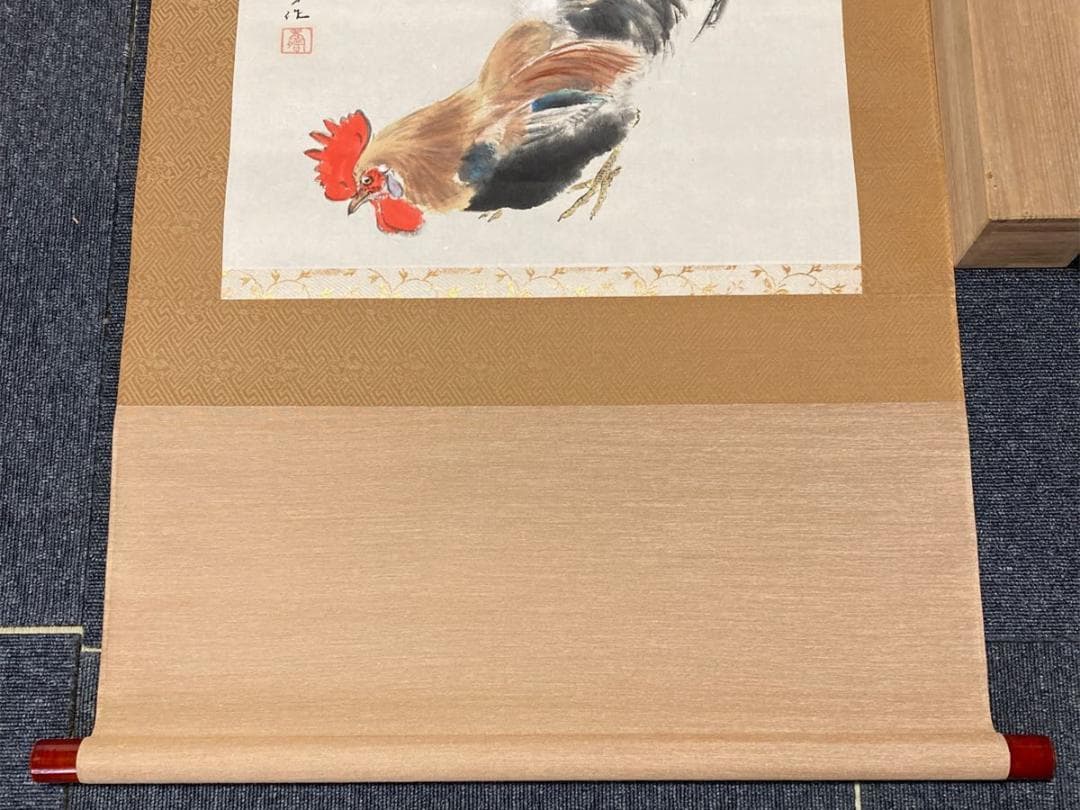 掛軸 安藤栖阜『鶏 にわとり』日本画 紙本 肉筆 共箱付 掛け軸 No.974
