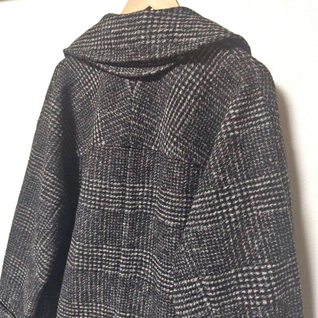 24AW スピックアンドスパン Wスライバーチェックハーフコート 36 黒グレー