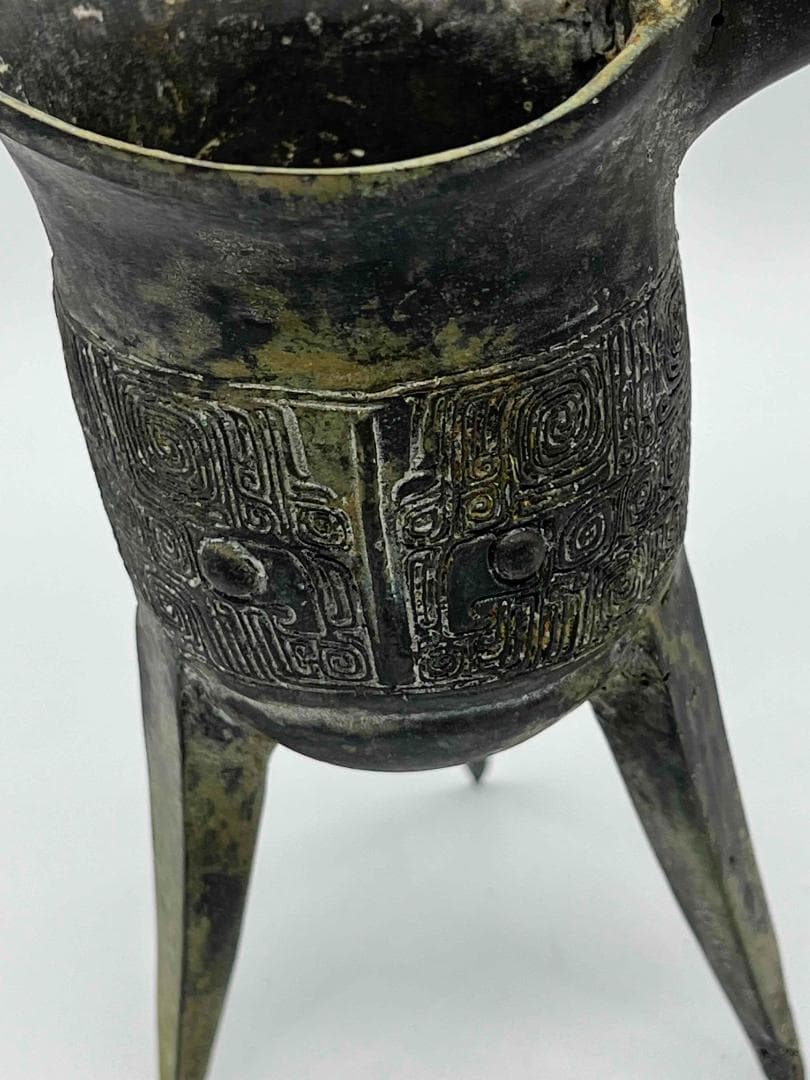 中国古美術　戦国から漢時代　青銅　ブロンズ　三足爵盃　酒具　極最工(C-72)