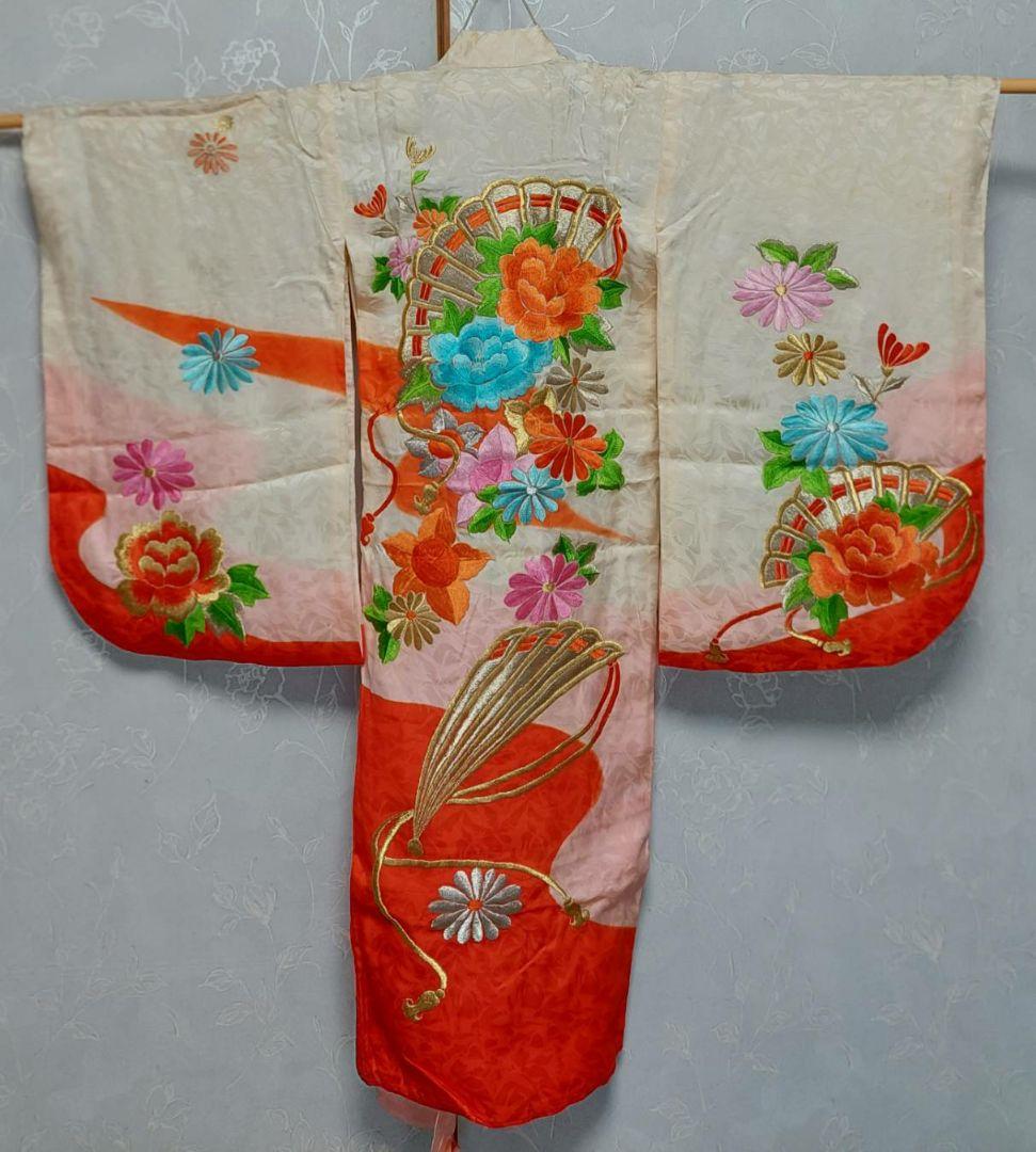 NA213アンティーク子供着物正絹3歳用着丈90センチ裄丈46センチ豪華刺繍