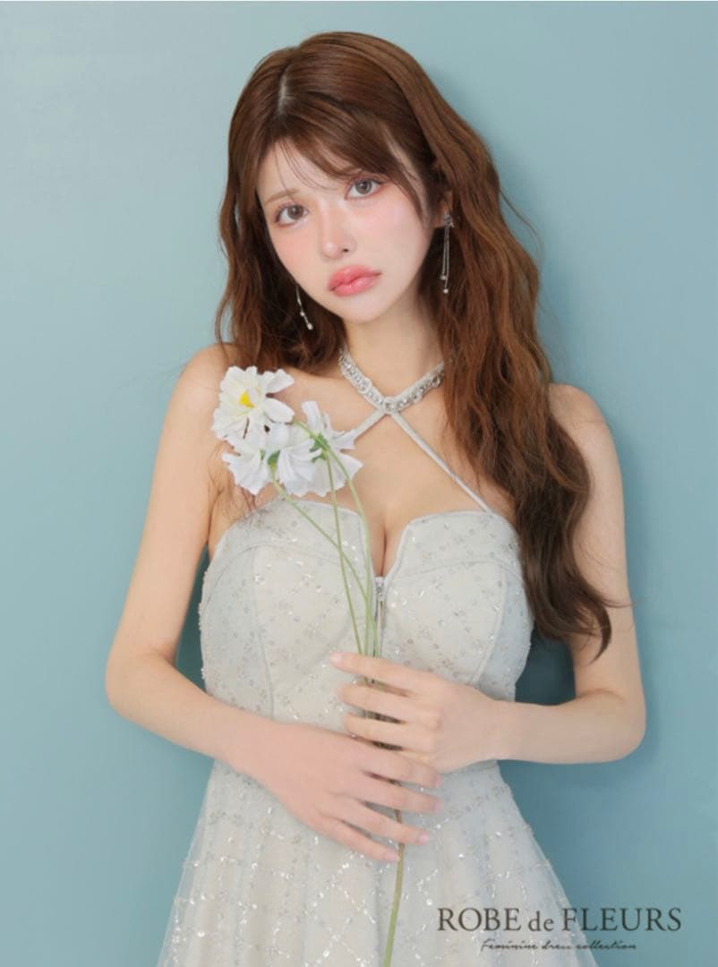 ROBE de FLEURS ビジューホルターラメニットフレアミニキャバドレス