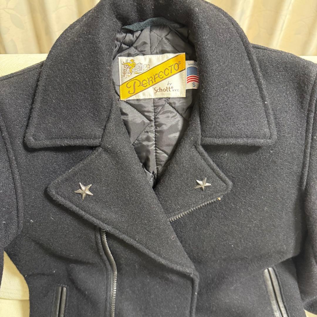 美品　Schott ブラック ウールコート　やぎ革　ウール　s ブラック